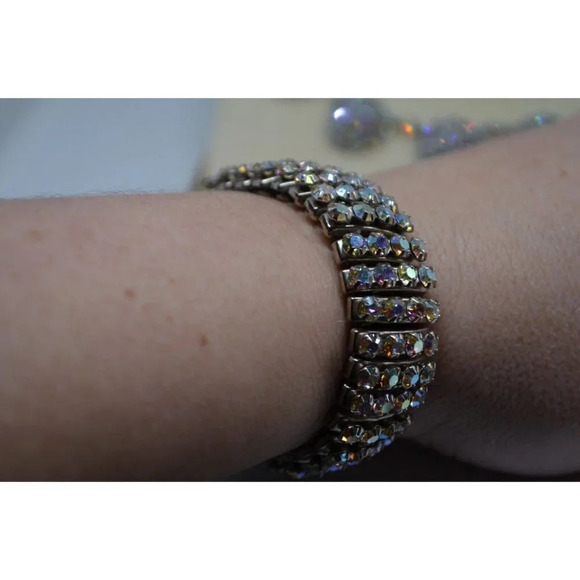 Aurora Borealis Necklace Earrings Bracelet Set 1960s Semicircle Ball Charms  Vtg - Picture 7 of 12